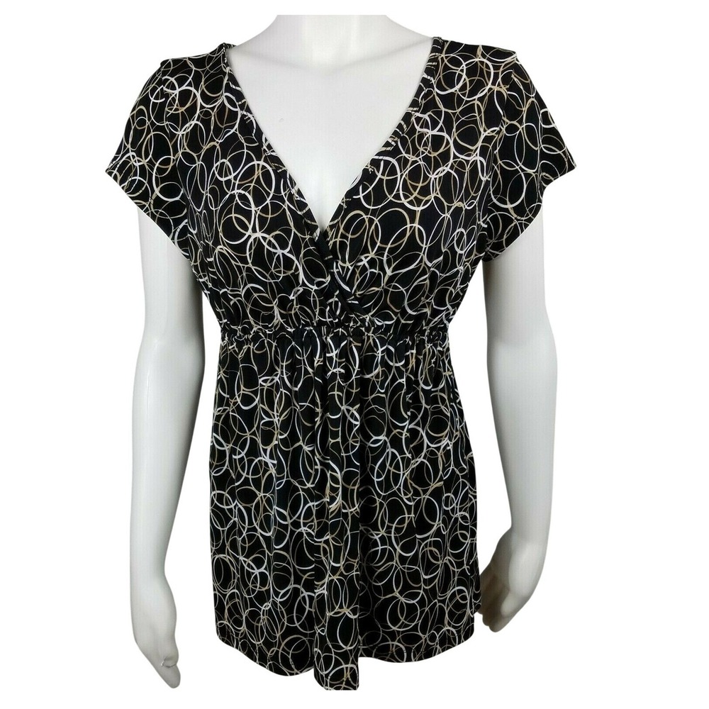 Cha Cha Vente Womens Large Tunic Top Black Circle Print Empire Waist V-Neck